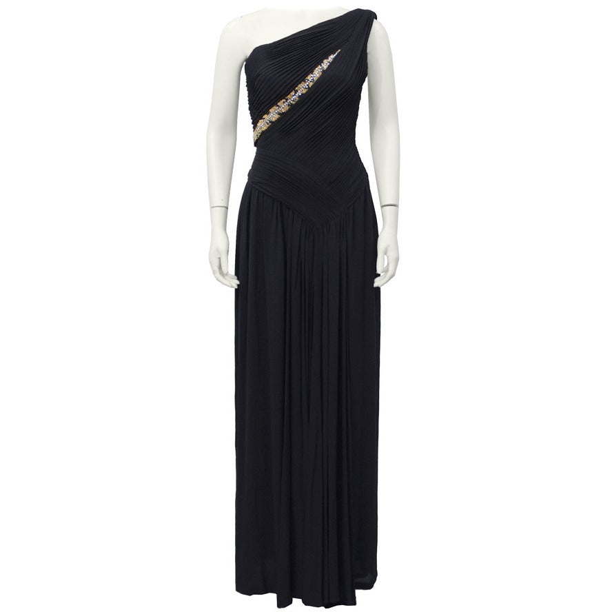 Lancetti One Shoulder Black Gown with Embellishment For Sale