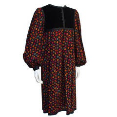 Vintage 1970's Yves Saint Laurent YSL Floral & Velvet Peasant Dress