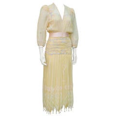 1980's Zandra Rhodes Peach Hand Painted Chiffon Dress