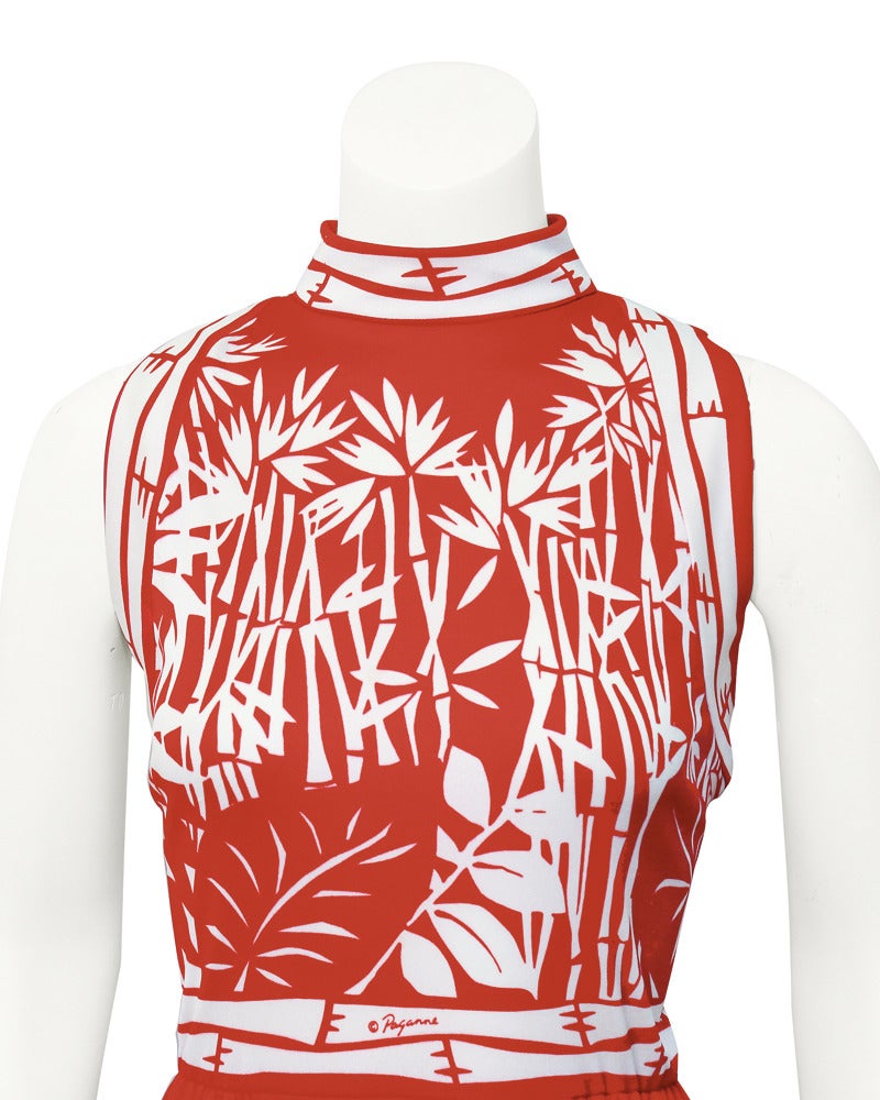 1970s Signed Paganne Red & White Bamboo Print Gown In Excellent Condition In Toronto, Ontario