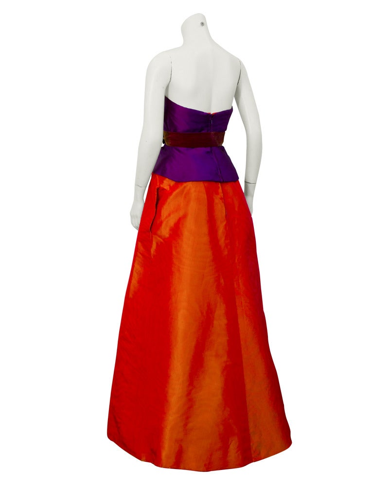 Eye dazzling iridescent taffeta jewel tone Sarmi ball gown from 1960's. Unusual combination of color with classic silhouette was signature look for Sarmi. Strapless bodice fully boned and fitted. In excellent condition. Sarmi was the in house