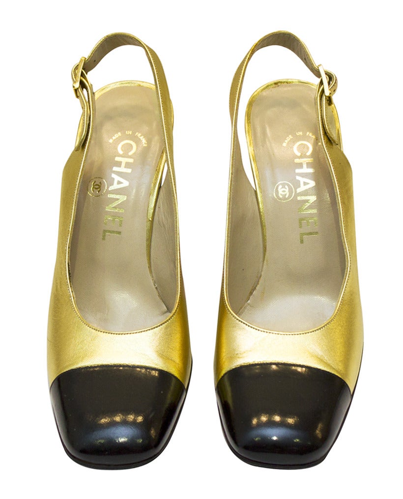 Brown 1990s Chanel Gold Leather Sling Back Pumps