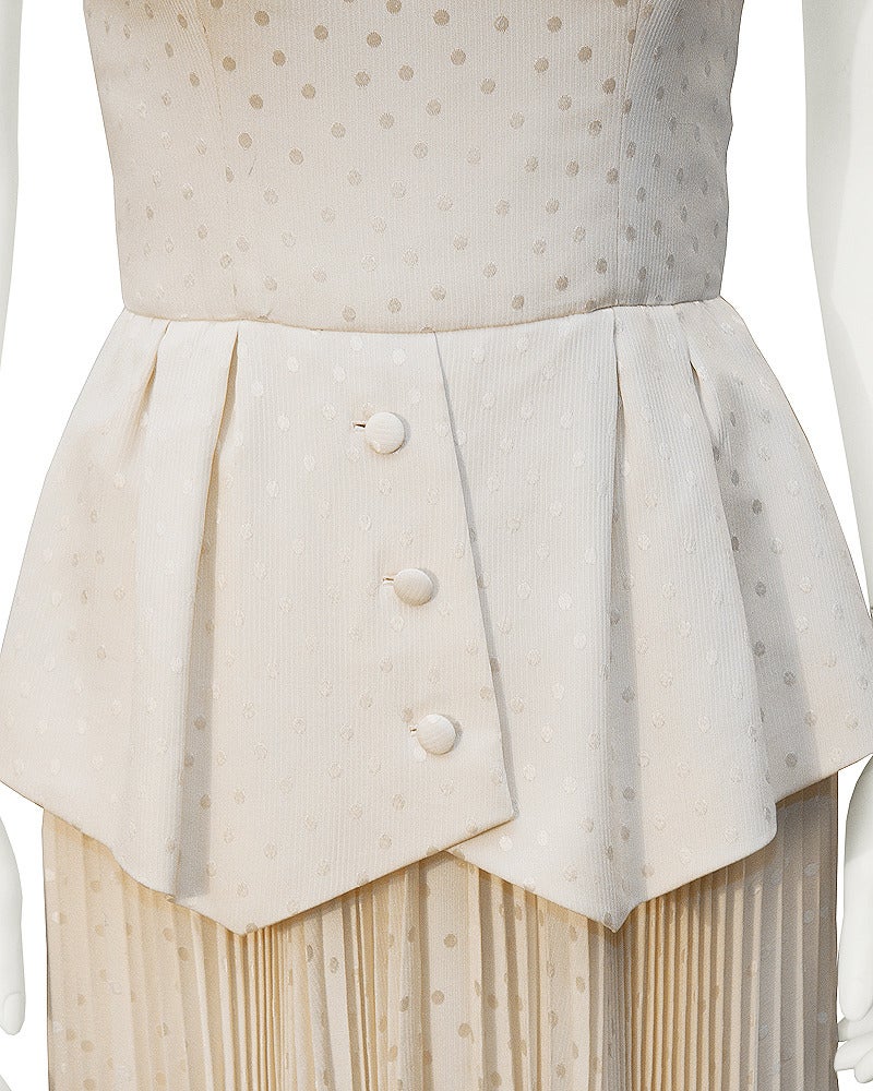 Women's Andre Laug Off-White Silk Peplum Gown Circa 1980s