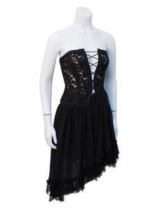 1980s Yves Saint Laurent YSL Rive Gauche Black Lace Corset & Chiffon Skirt