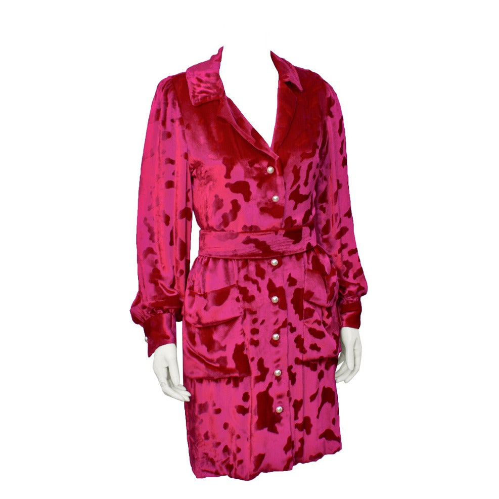 1980s Bill Blass Fuchsia Devorre Silk Velvet Shirt Dress
