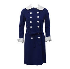 1960s Norman Norell Blue Wool Dress with Detachable White Accents