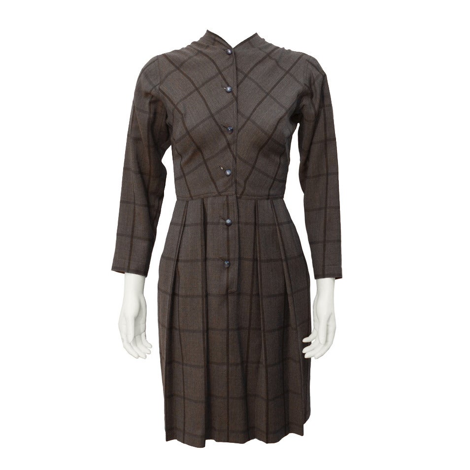 1950s Claire McCardell Brown Plaid Wool Day Dress