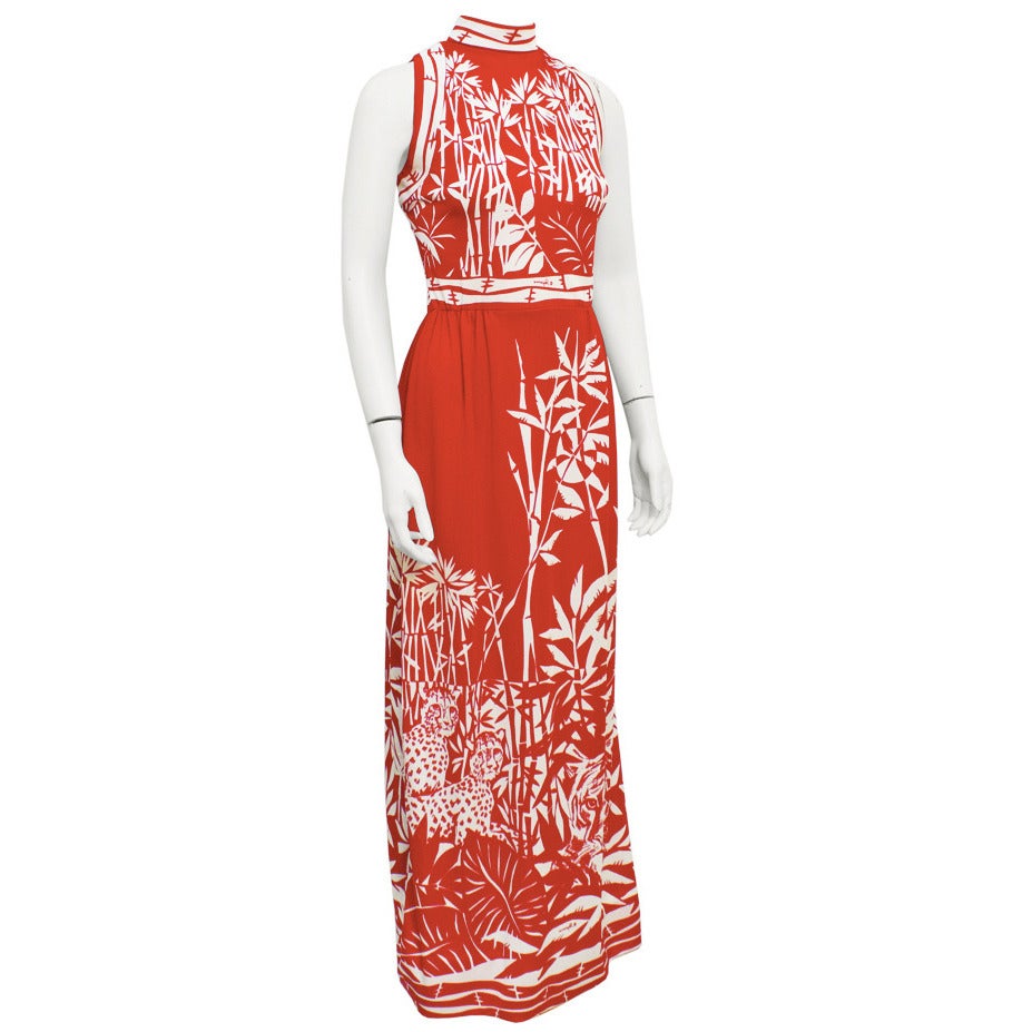 1970s Signed Paganne Red & White Bamboo Print Gown