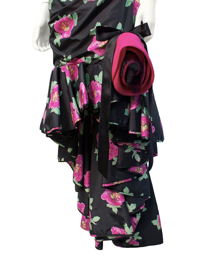 Women's Ungaro Black Strapless Floral Gown Circa 1980's For Sale