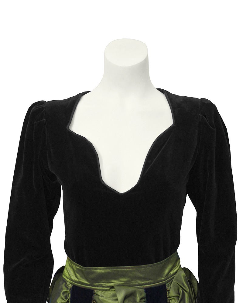 1980's Yves Saint Laurent YSL Black Velvet Top & Green Taffeta Skirt In Excellent Condition In Toronto, Ontario