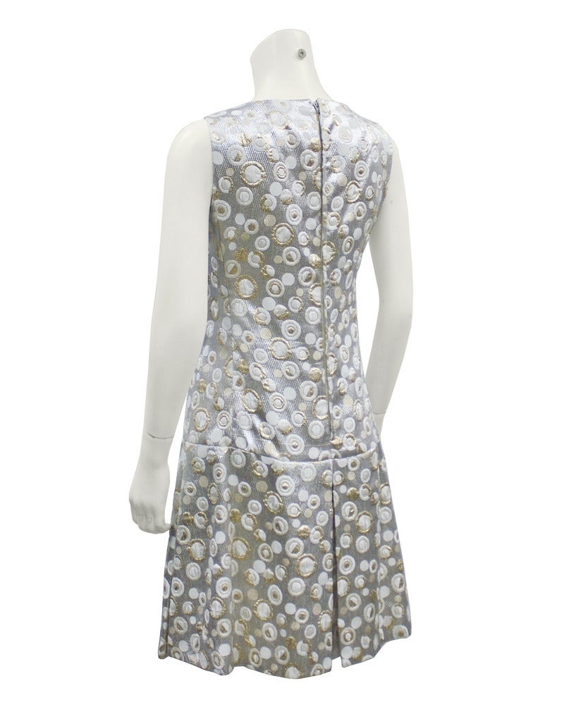 Malcolm Charles Silver Brocade Drop Waist Dress Circa 1970 In Excellent Condition In Toronto, Ontario
