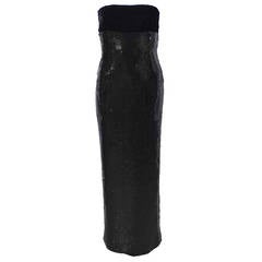1980s Bill Blass Black Sequin and Velvet Column Gown 8