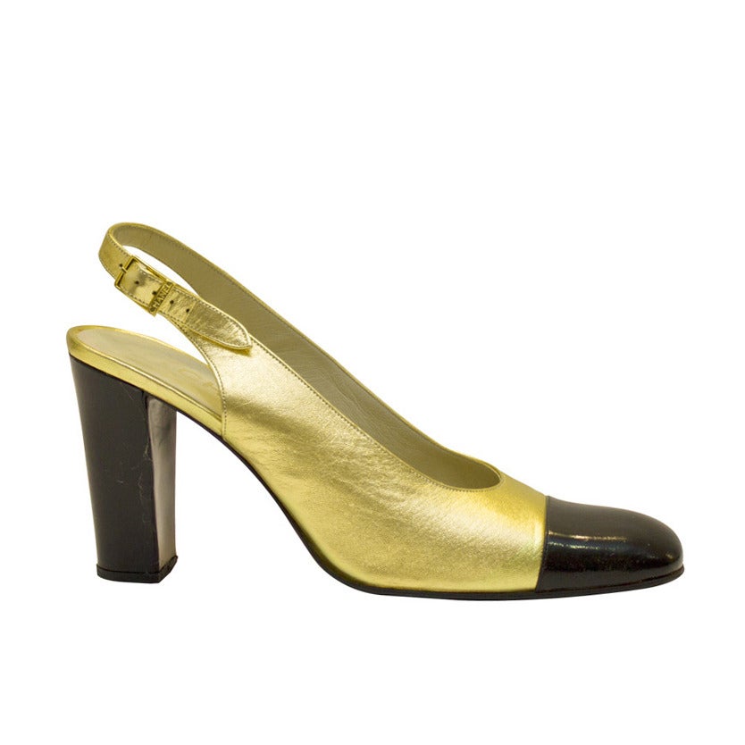 1990s Chanel Gold Leather Sling Back Pumps at 1stDibs