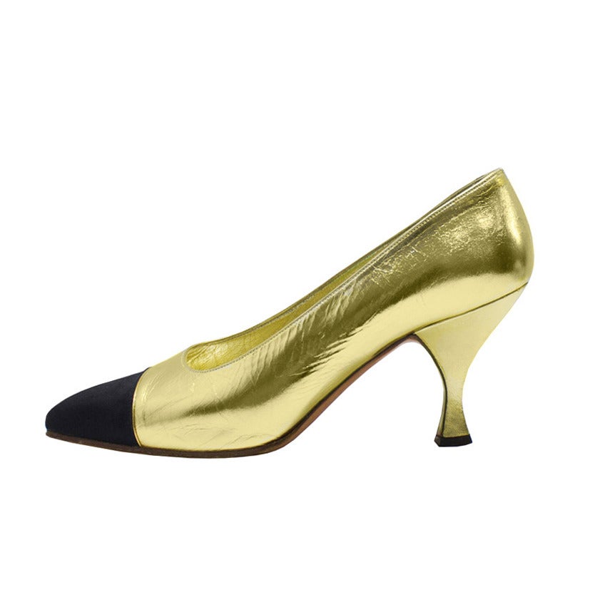 1990s Chanel Gold Pumps with Black Cap Toe