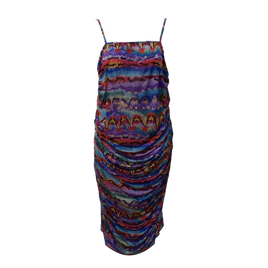 Early 1980s Missoni Multi-Colored Printed Ruched Dress For Sale