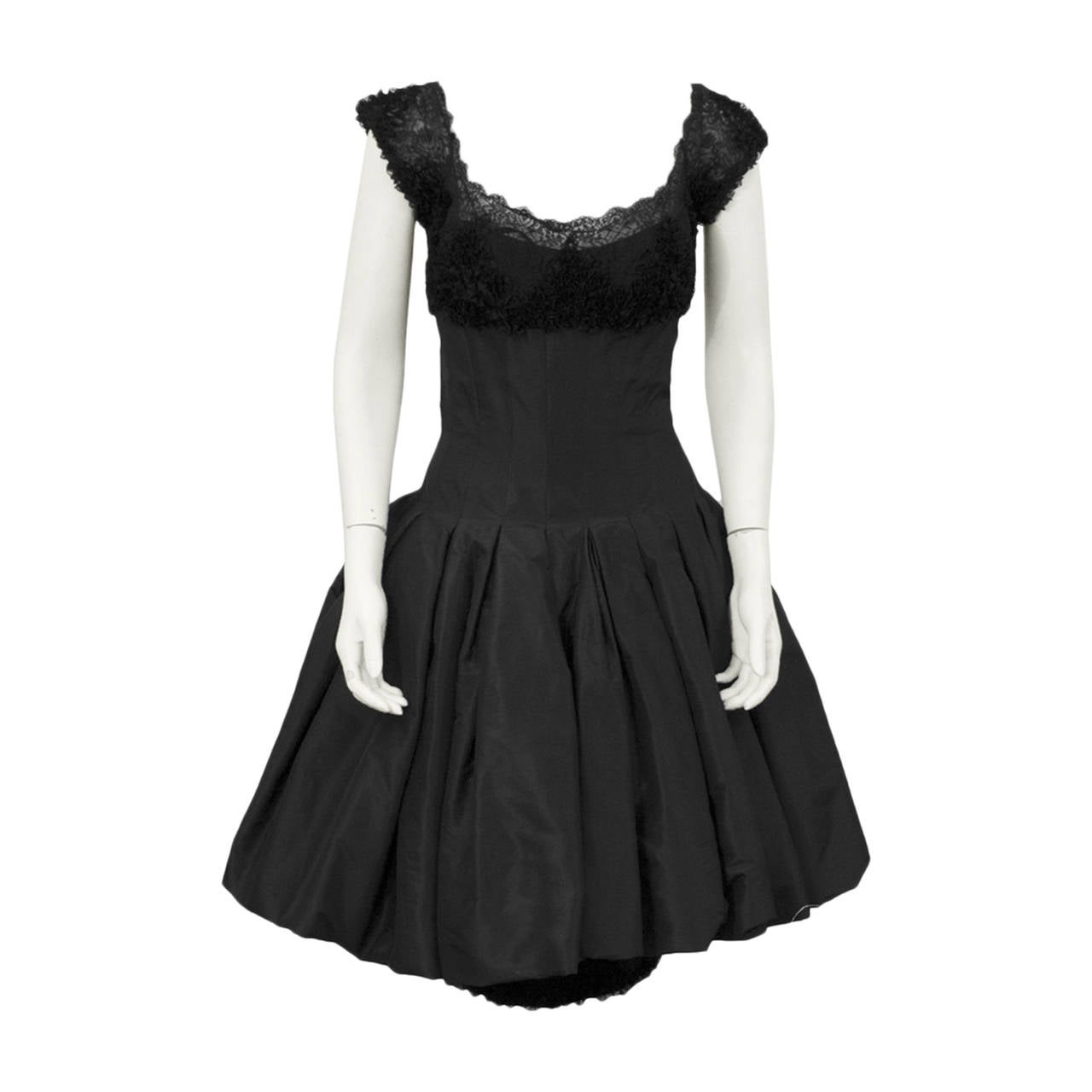 Mignon Black Silk Dress with Lace Bodice Circa 1960's For Sale