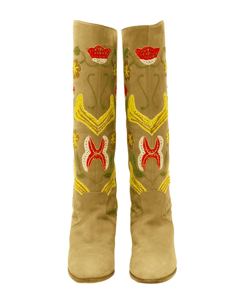 1970s Tan Suede Floral Embroidered Boots For Sale at 1stdibs