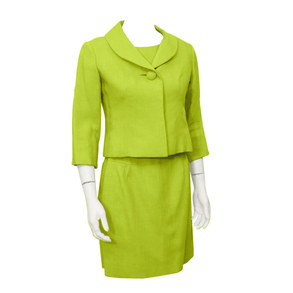 Christian Dior Chartreuse Green Linen 3 Piece Suit Circa 1970's