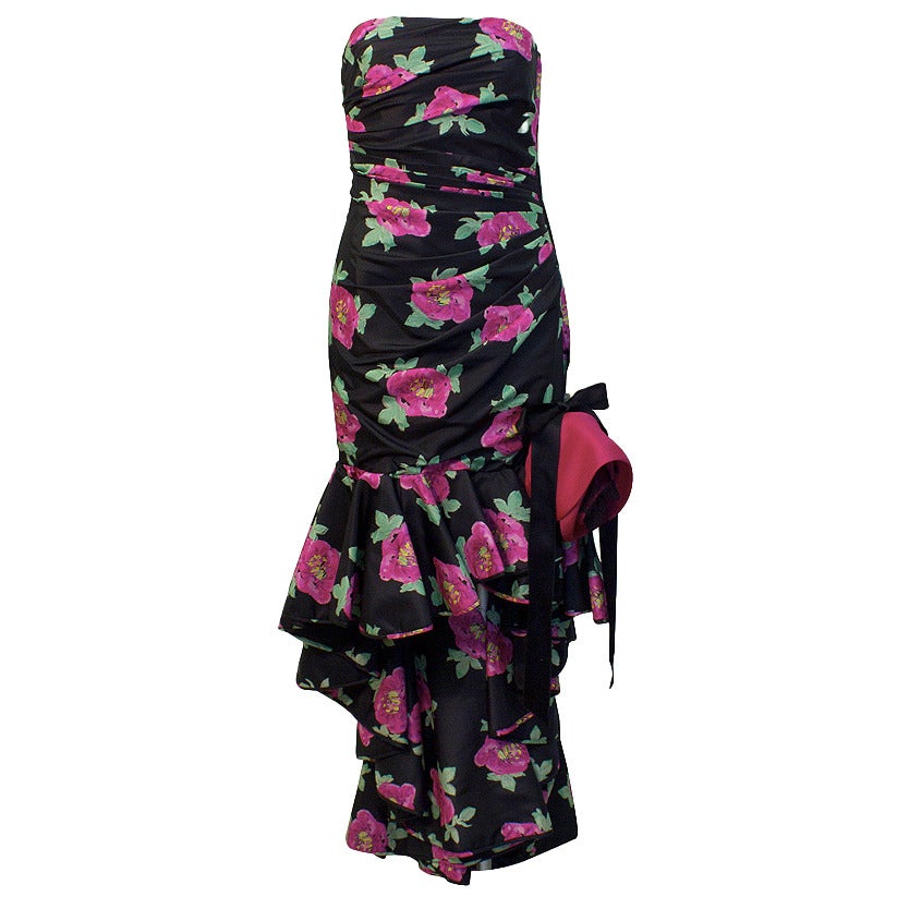 Ungaro Black Strapless Floral Gown Circa 1980's For Sale