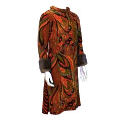 Vintage Teal Traina Orange Printed Velvet Dress with Mink Cuffs Circa 1960