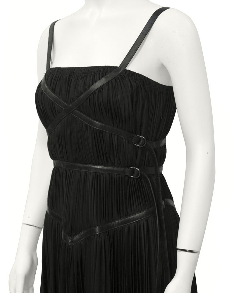 Women's 2002 Prada Black Grecian Gathered Dress with Leather Accents