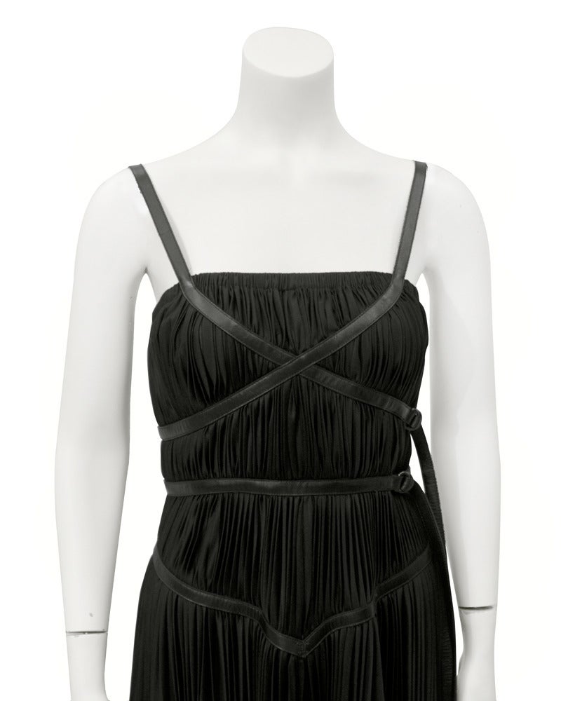 2002 Prada Black Grecian Gathered Dress with Leather Accents In Excellent Condition In Toronto, Ontario