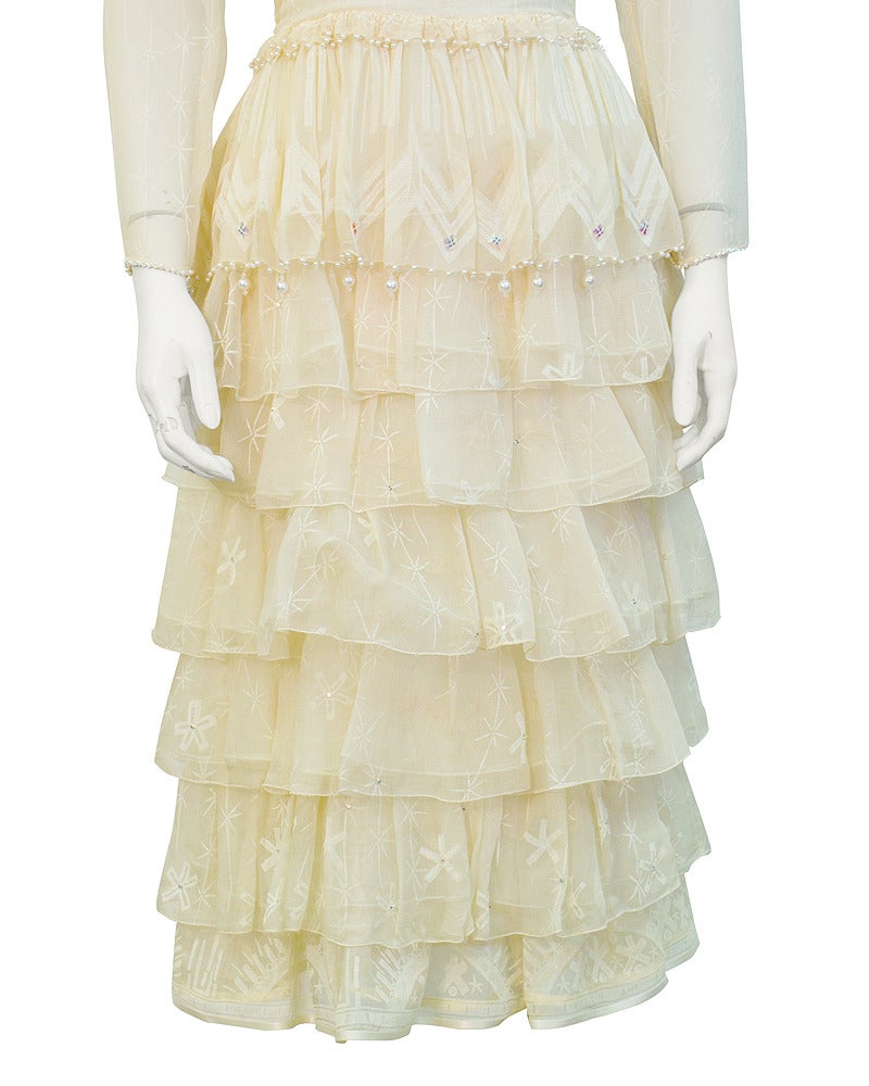 Zandra Rhodes Cream Printed Tiered Dress Circa 1978 In Excellent Condition For Sale In Toronto, Ontario