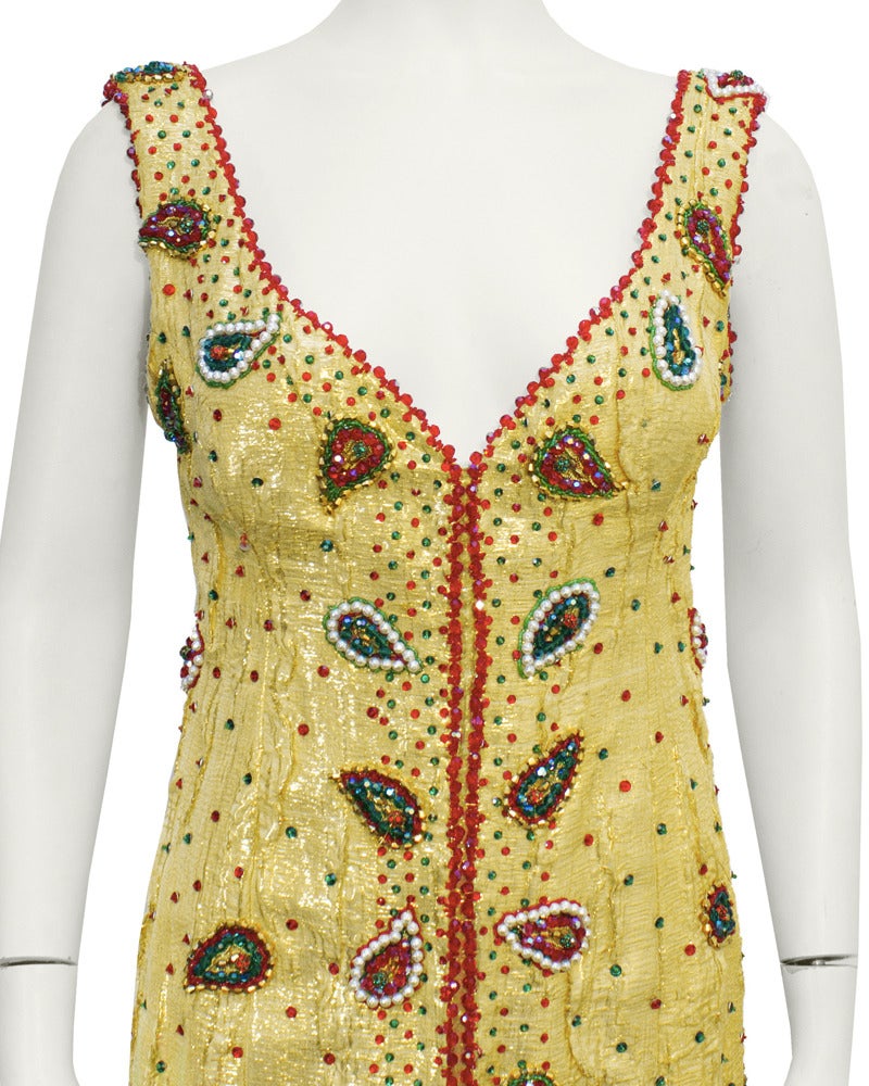 1970's Maggie Reeves Gold Gown with Paisley Beading In Good Condition For Sale In Toronto, Ontario