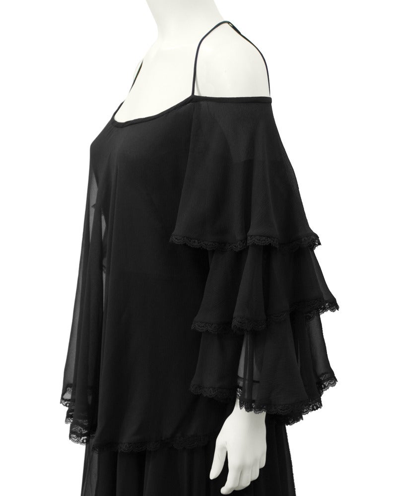 Women's 1960's Black Silk Chiffon Tiered Gown For Sale