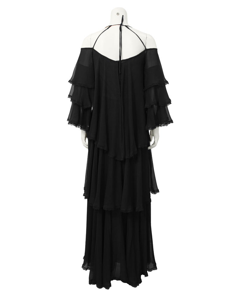 1960's Black Silk Chiffon Tiered Gown In Good Condition For Sale In Toronto, Ontario