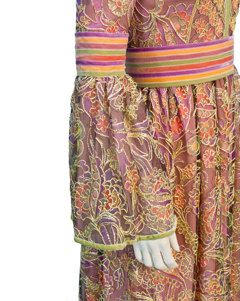 1970's Purple, Pink & Green Bohemian Tambour Embroidered Gown In Excellent Condition In Toronto, Ontario