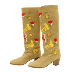 1970s Tan Suede Floral Embroidered Boots