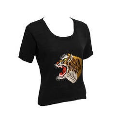 1980s Kansai Yamamoto Black Short Sleeve Sweater with Tiger Motif 1