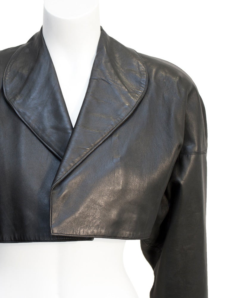 Early 1980s Alaia Black Leather Cropped Jacket In Good Condition In Toronto, Ontario