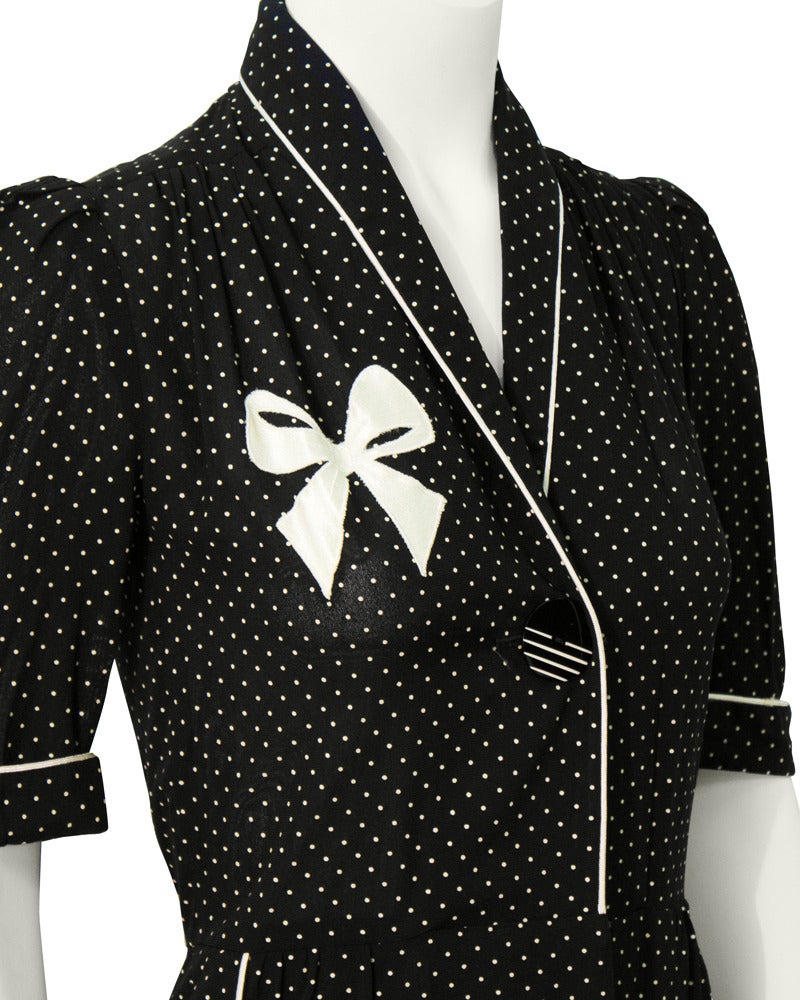 Women's Early 1970s Bus Stop by Lee Bender Black & White Polka Dot Shirt Dress