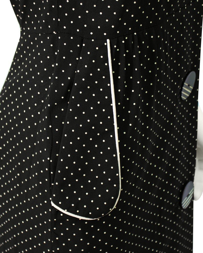 Early 1970s Bus Stop by Lee Bender Black & White Polka Dot Shirt Dress 1