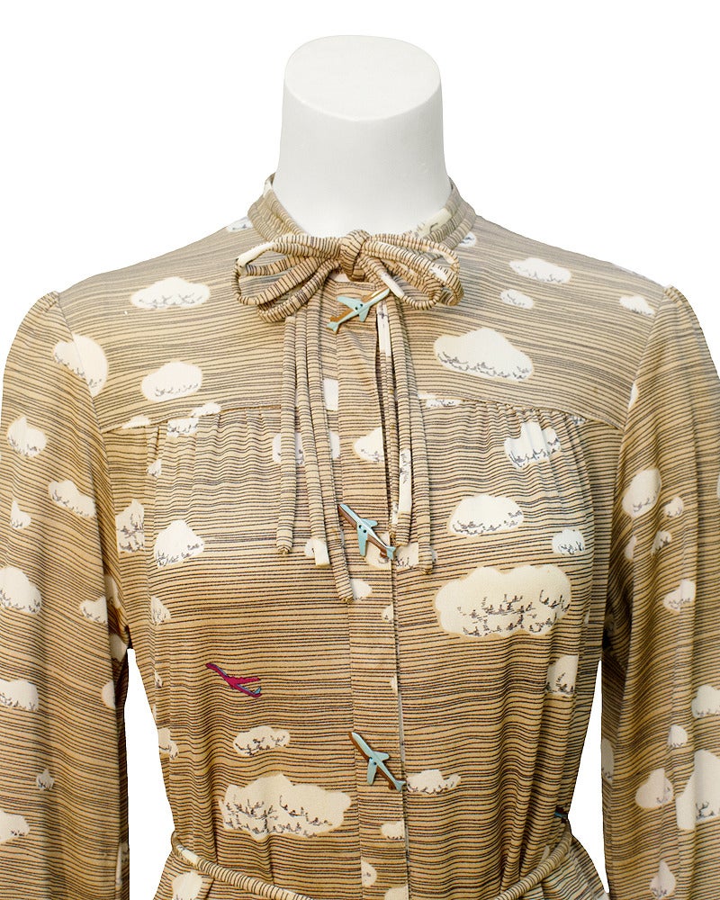 Brown 1970's Hanae Mori Cloud and Airplane Print Dress