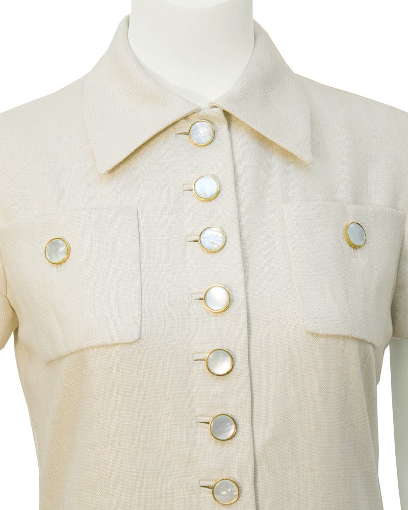1960's Norman Norell Cream Linen Day Dress In Excellent Condition In Toronto, Ontario