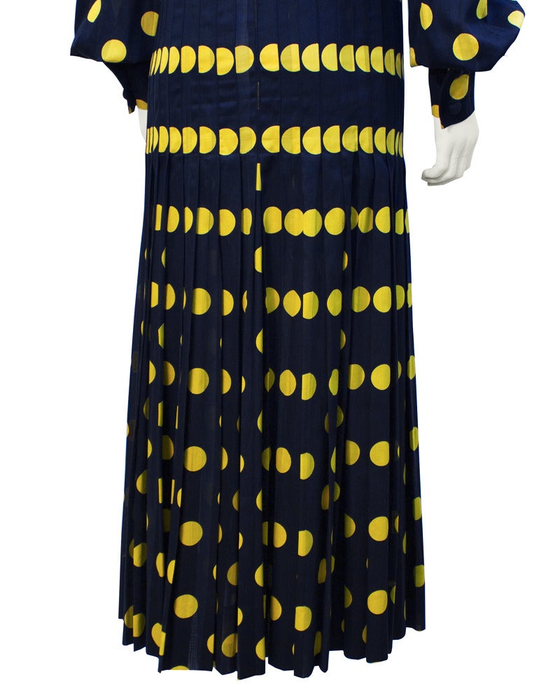 Women's 1970's Jean Patou Navy Pleated Gown with Yellow Polka Dots