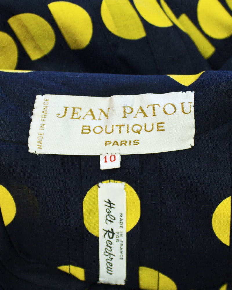 1970's Jean Patou Navy Pleated Gown with Yellow Polka Dots 1