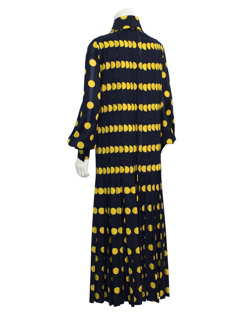 Black 1970's Jean Patou Navy Pleated Gown with Yellow Polka Dots