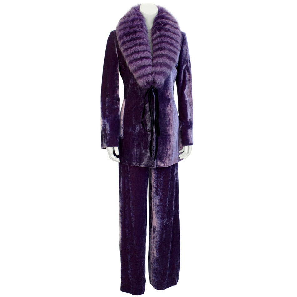 Gianfranco Ferre 1980s Purple Velvet Pantsuit with Fur Stole