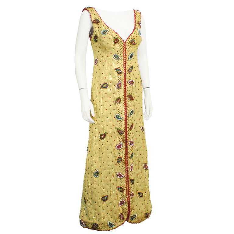 1970's Maggie Reeves Gold Gown with Paisley Beading For Sale at 1stDibs