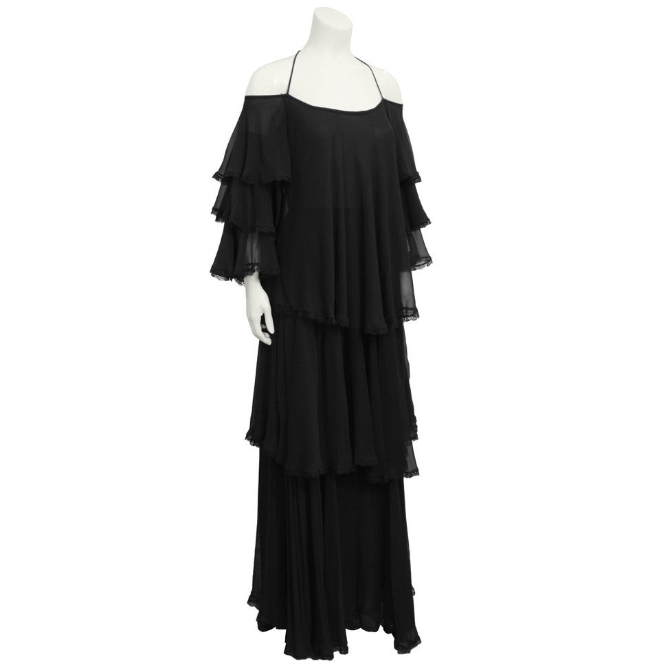 1960's Black Silk Chiffon Tiered Gown For Sale