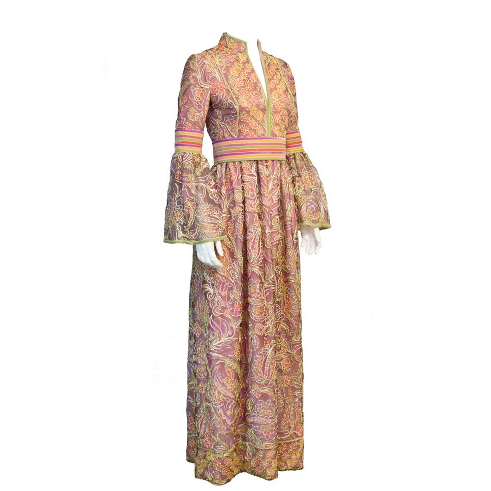 1970's Purple, Pink & Green Bohemian Tambour Embroidered Gown