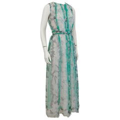 Vintage 1960s Pauline Trigere Turquoise and Grey Chiffon Gown