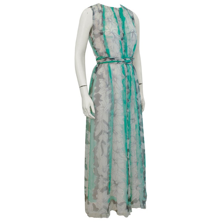 1960s Pauline Trigere Turquoise and Grey Chiffon Gown 1960s Pauline Trigere Turquoise and Grey Chiffon Gown