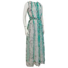 1960s Pauline Trigere Turquoise and Grey Chiffon Gown 12