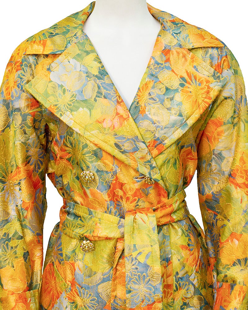 Brown 1970's Adele Simpson Floral Brocade Trench Coat