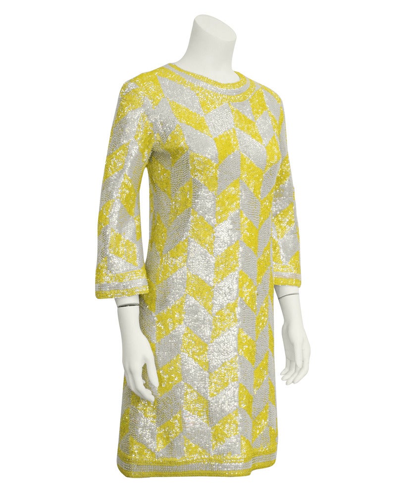 Beige 1960's Yellow & White Geometric Beaded & Sequin Cocktail Dress